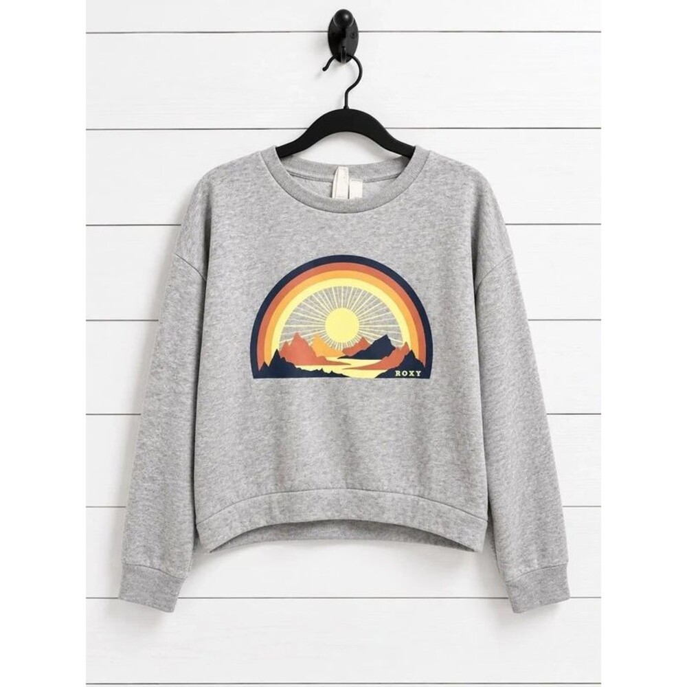 XL Roxy Gray Cropped Graphic Sweatshirt Retro Rainbow Mountain Sun